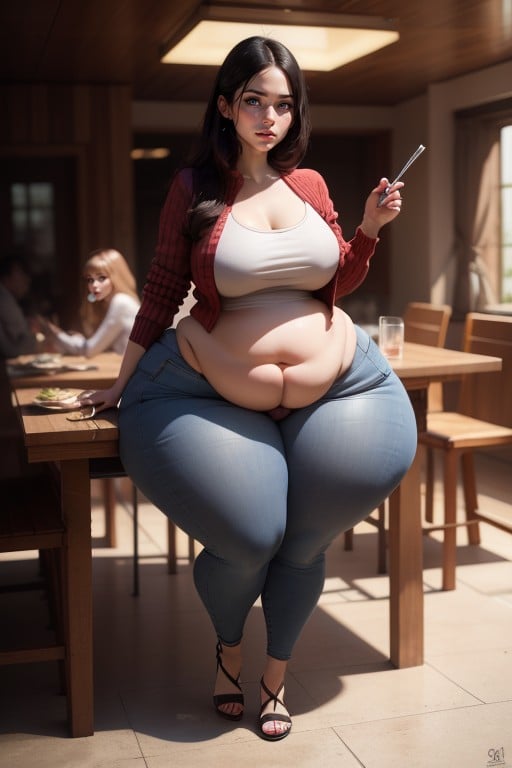 스웨터, Woman Sitting At Table Feasting On Fattening Foods, ObeseAI 포르노