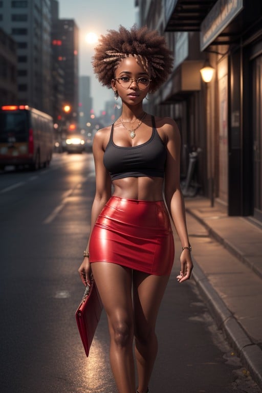 Full Body Front View, With Cleavage Red Tight Skirt, Red LipstickAIポルノ