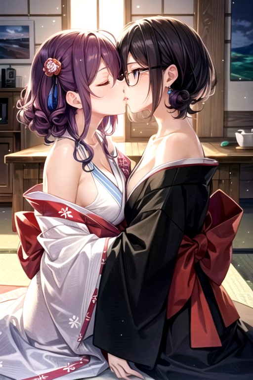 Off-shoulder, Kimono, Kissing (1 Boy 1 Girl) Hentai AI Porn