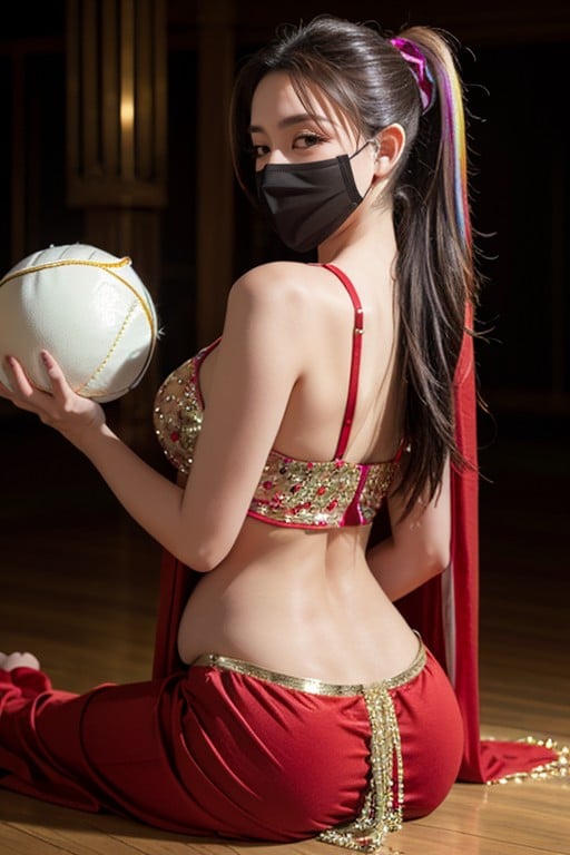 目を半分閉じる, ベリーダンサー, Pregnant In Red Bellydancer Outfit With Large PonytailファーリーAIポルノ