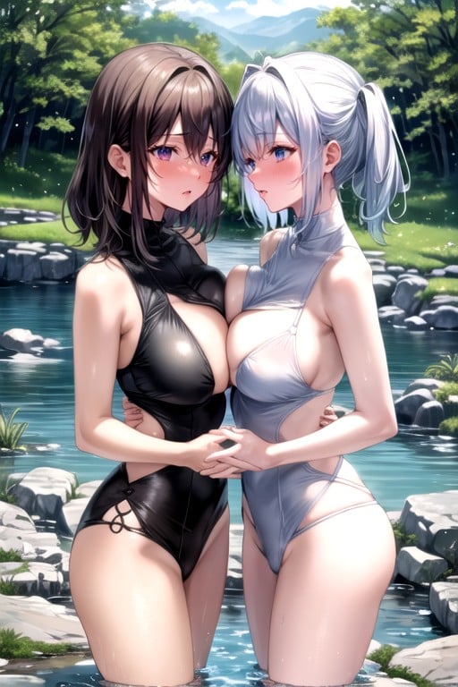 Lago, Harén, Chicas AbrazándosePorno AI Hentai