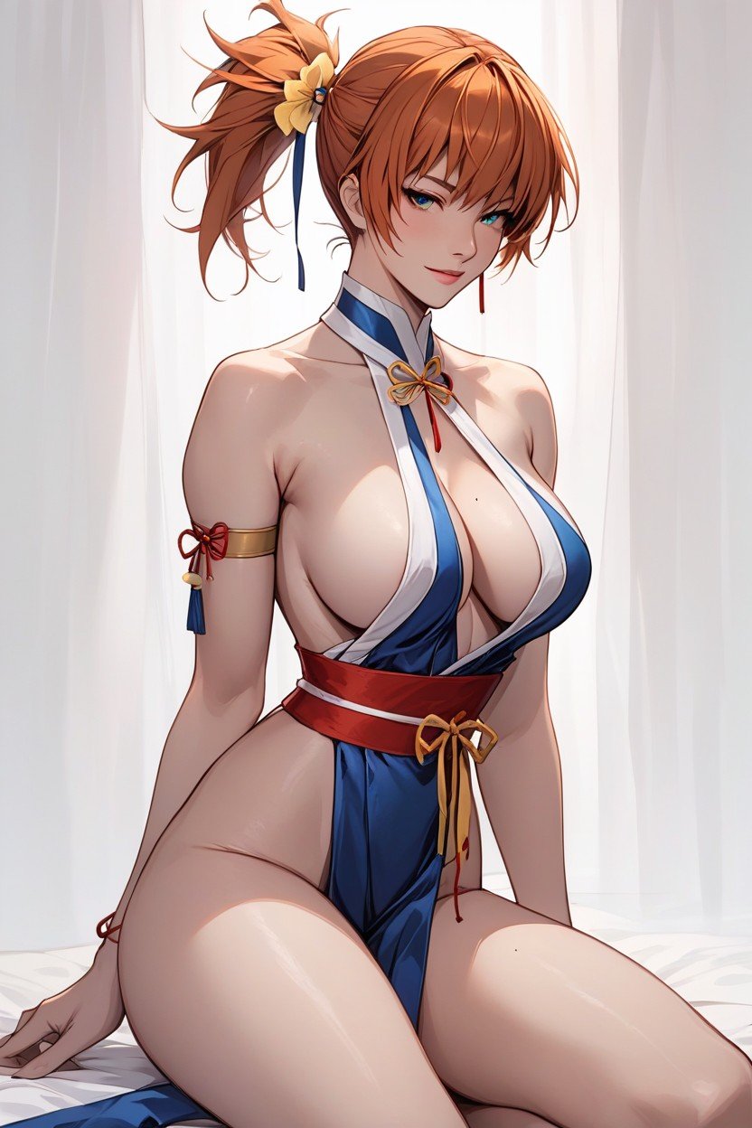 Kasumi From Or Alive, Simple White Gradient Background, High Topknot StylePorno IA