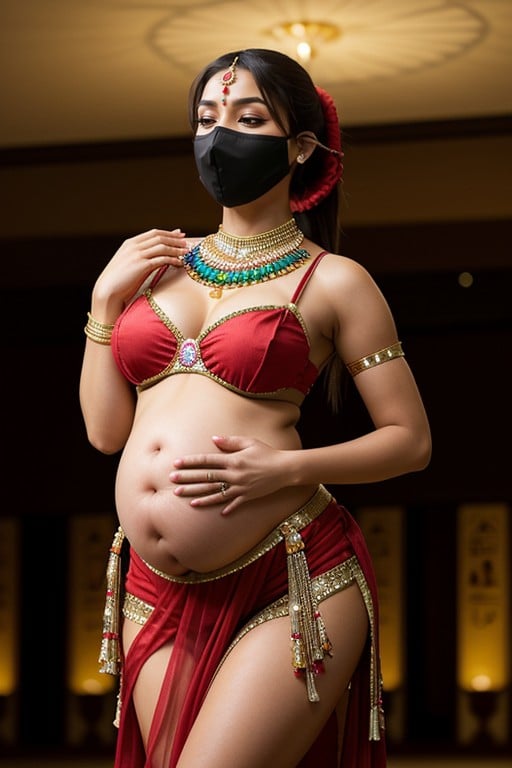 Pregnant In Red Belly Danceing Outfit With Large Ponytail Wearing A Red Mask On Mouth Bending Over For You, 肚皮舞服装, 彎腰AI兽人黄片