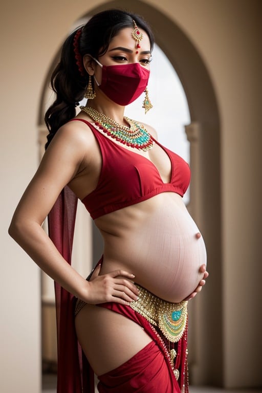 Egípcia, Olhos Semi-fechados, Pregnant In Red Belly Danceing Outfit With Large Ponytail Wearing A Red Mask On Mouth Bending Over For You Travesti IA Pornô