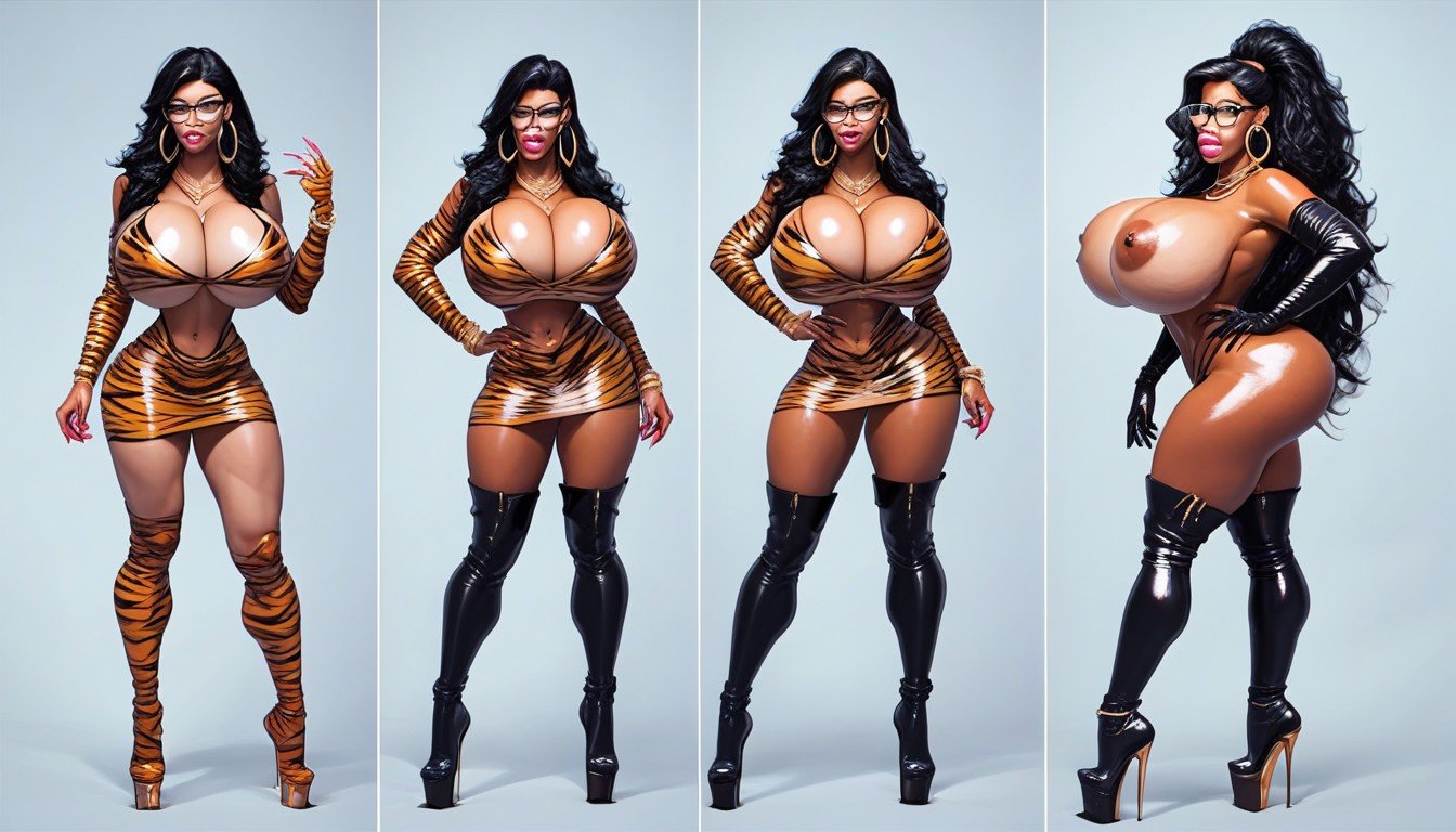 Transformation Sequence Bimbo Extreme Breast Growth Black Hair Black Rim Glasses Gold Hoop Earrings Anal Creampie Tiger Print Thigh High Boots Latex Gloves, Scandinavian, Bimbo Furry AI Porn