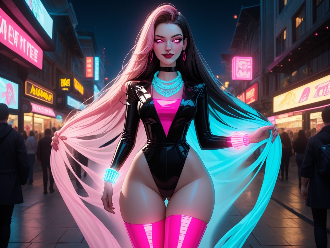 Thick Thighs, Shiny Pink Merchant Dress, Straight Long Black Hair Hentai AI Porn