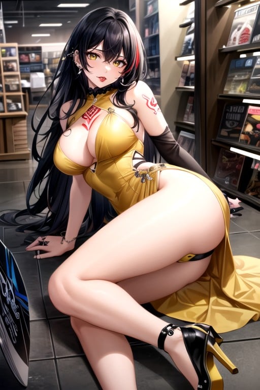 Black Hair With Red Tips, Looking At Viewer, Lip PiercingsPorno IA Hentai