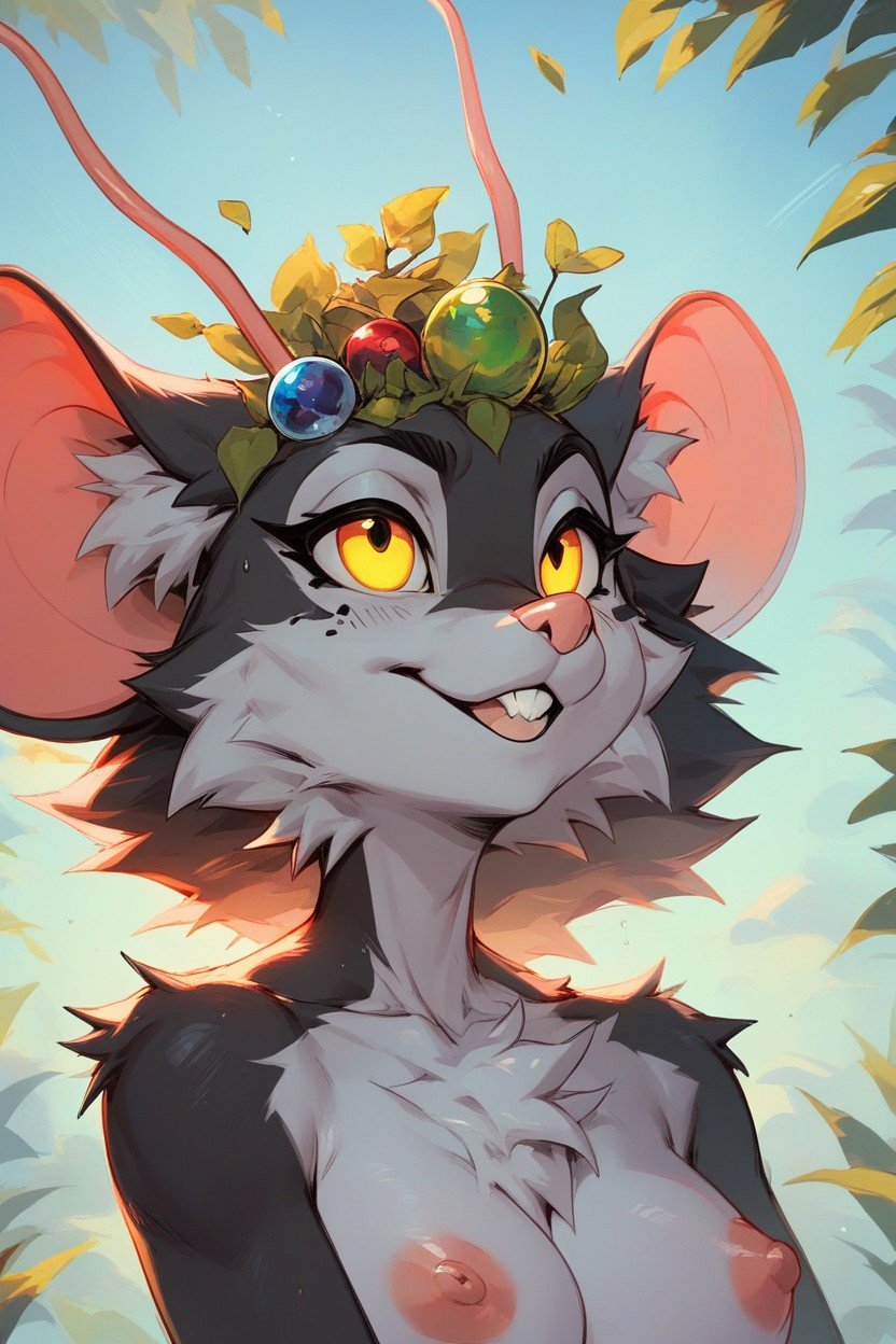 Green Mouse, Antennae On His Head, Yellow EyesPorno AI Furry