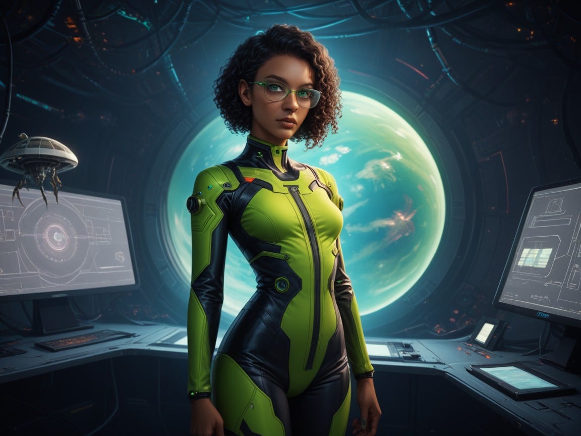 Alien Factory, Wearing Green Futuristic Clothes, Bird Designs On Spacesuit AI Porn