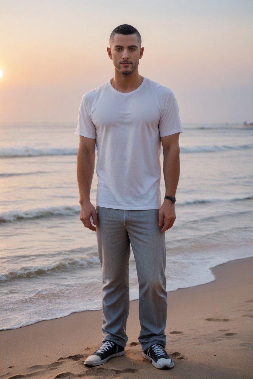 European Man With An Extremely Massive Bulge, Beach In Background Sunset, 전신AI 포르노