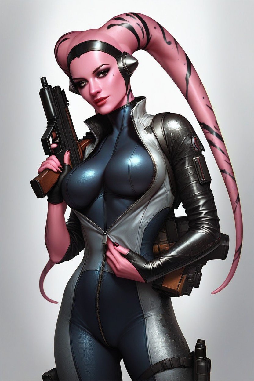 Twilek Woman Soft Pink Skin Tight White Futuristic Work Suit Unzipped Carrying A Blaster Rifle Cleavage Close Up Pornografia de IA