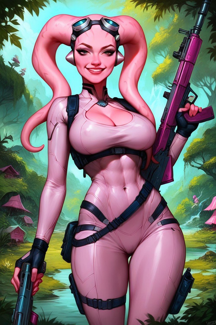 A Fit Twi'lek Woman Pink Skin Futuristic White Bodysuit Holding A Blaster Rifle Smug Background Is A Futuristic Town In A Misty RainforestAI 포르노