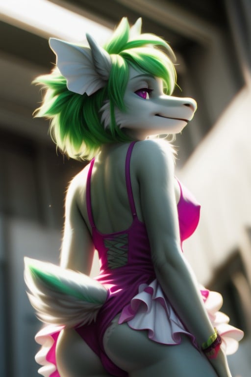 School Swim Suit, Waist Shot, Green Hair Furry AI Porn