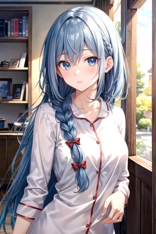 Long Length, Light Blue Hair, Bangs AI Porn