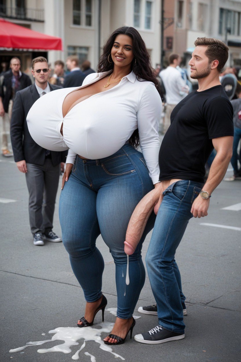 Giant Bbl, Cock Hangs Past Ankles, Absolutely Towering Woman With White Shirt And JeansAI 포르노