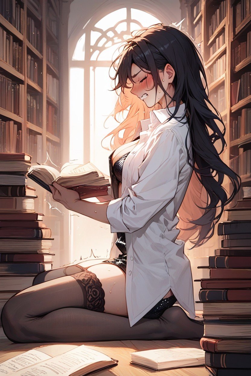 Library, Long Length, Young Woman With Agony Face Hentai AI Porn