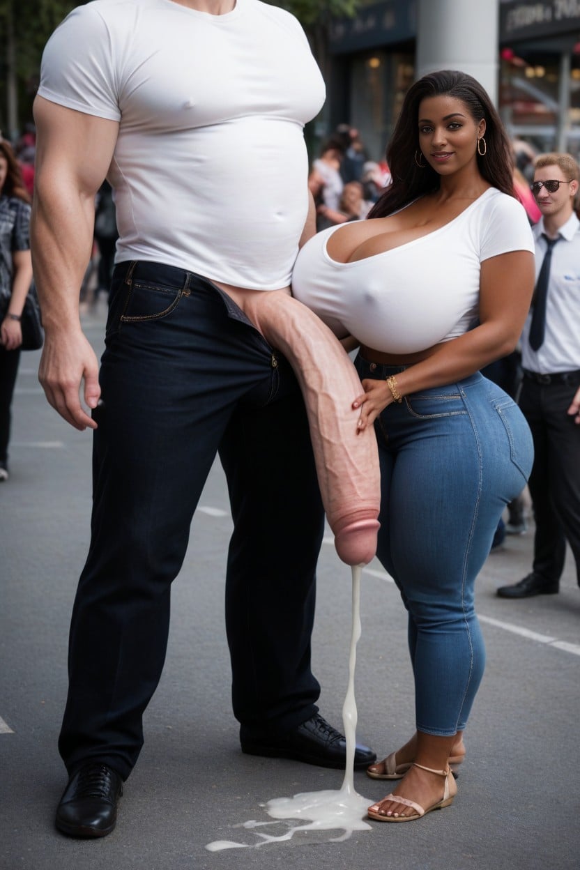 Extreme Massive Hyper Cock, Extremely Tall, Public Road Background AI Porn