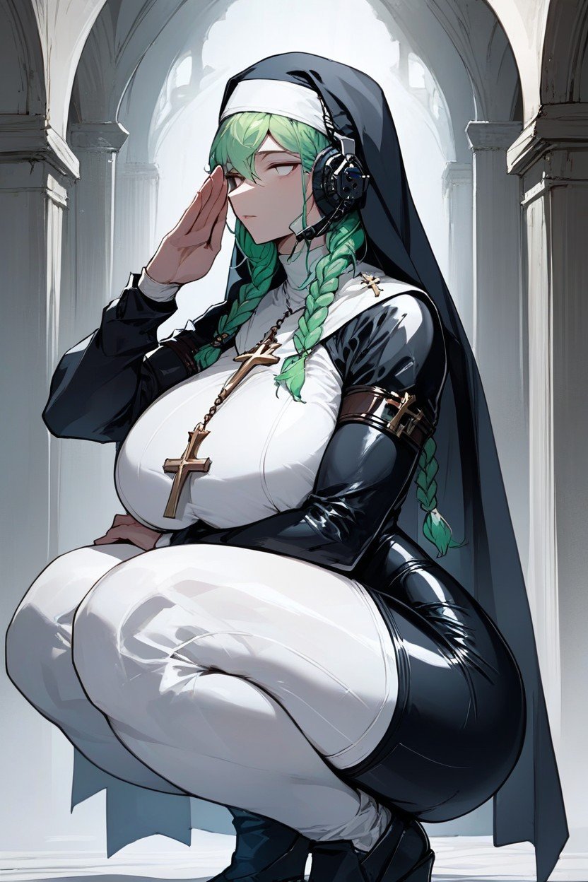 Green Hair, Nun, Braided AI Porn