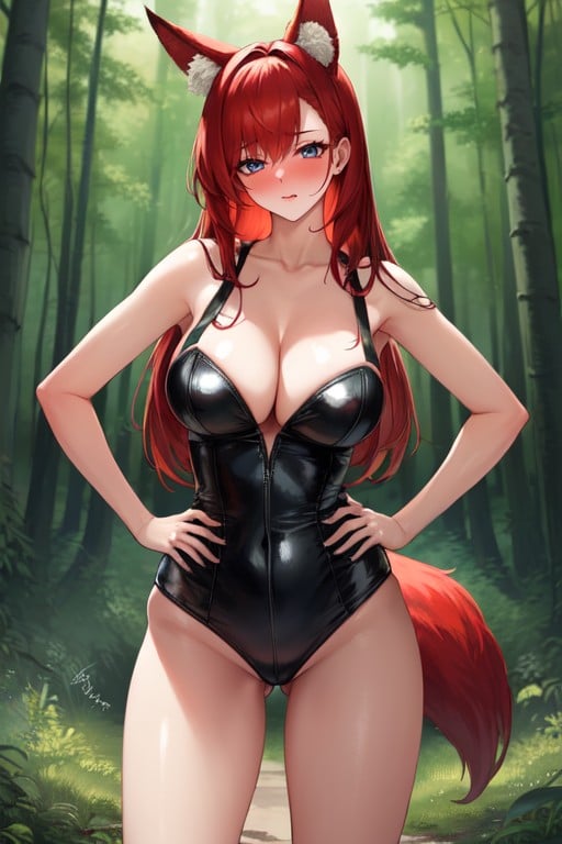 Fox Ears, Wearing Sexy Black Leather Outfit And Cleavage, FatPorno AI