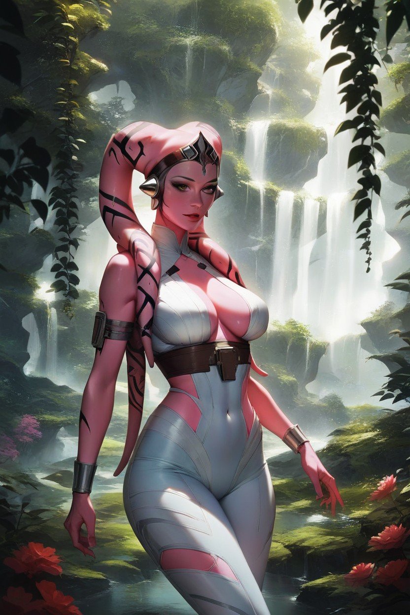 An Illustration In The Star Wars Style Of A Pretty Female Twi'lek Pink Skin Futuristic White Bodysuit Futuristic Town On The Edge Of A Rainforest Pornografia de IA