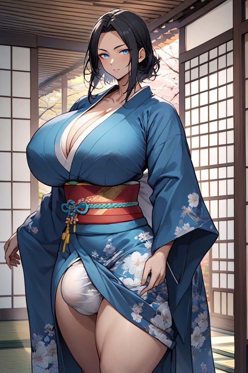 Erection Under Kimono, Blue Kimono, FutanariPorno AI