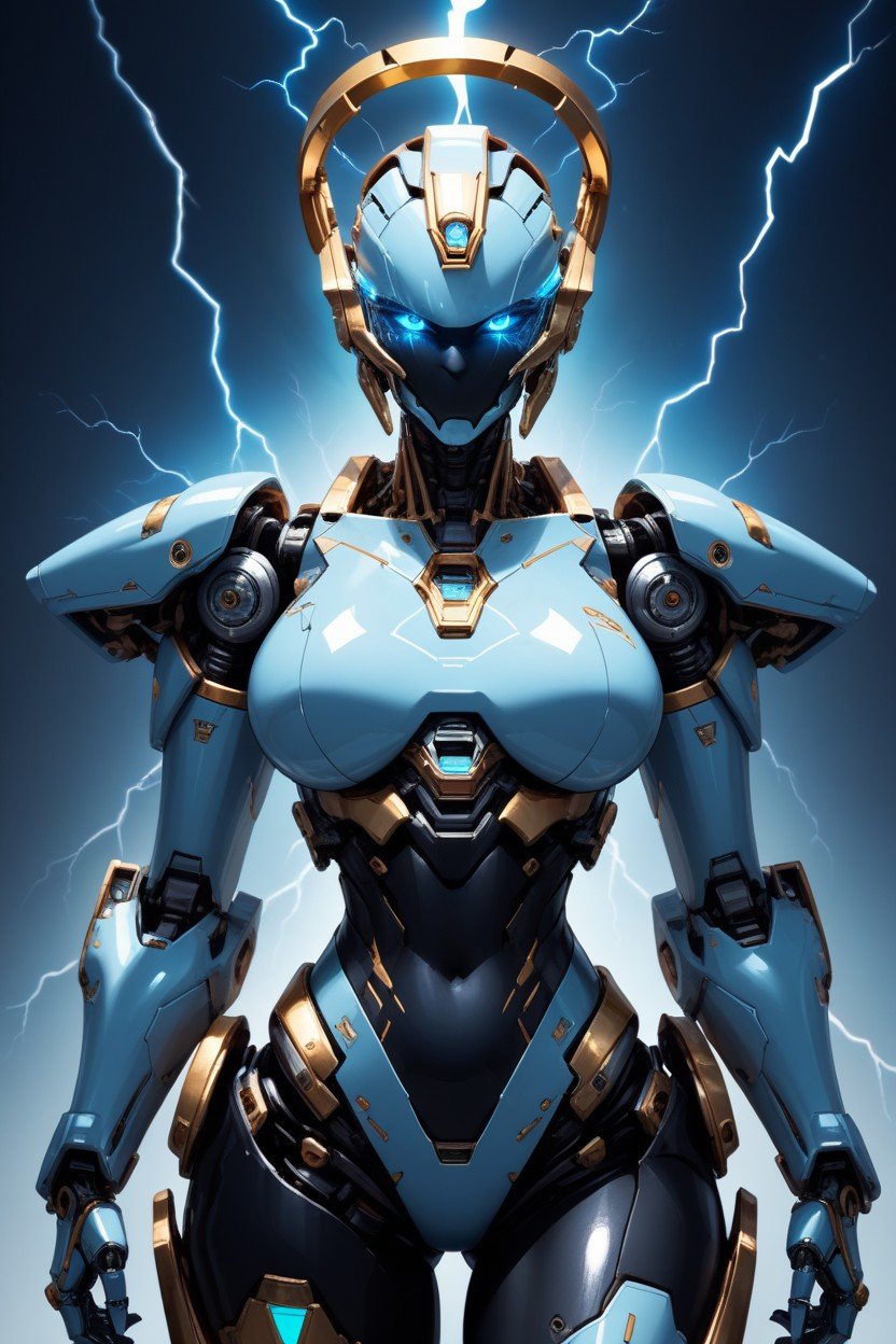 Light Blue Lightning Effect Emanating From Body, Looking At Viewer, Mechanical HaloPorno AI