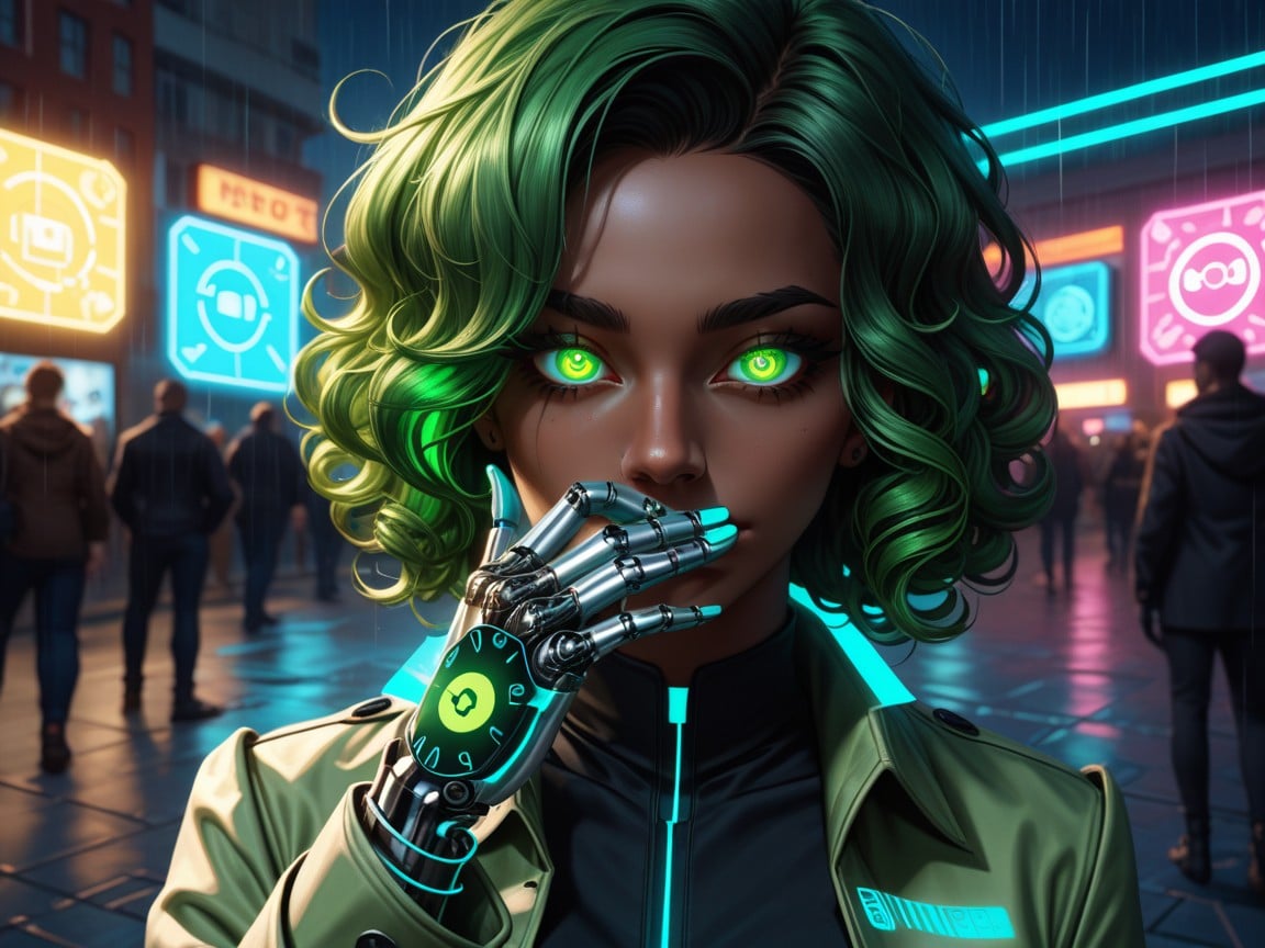 Cyberpunk City, Glowing Neon Green Fingertips, Computer Mainframe Background Hentai AI Porn