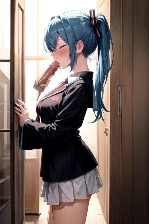 Light Blue Hair, Blow Job (3rd Person), School Uniform AI Porn