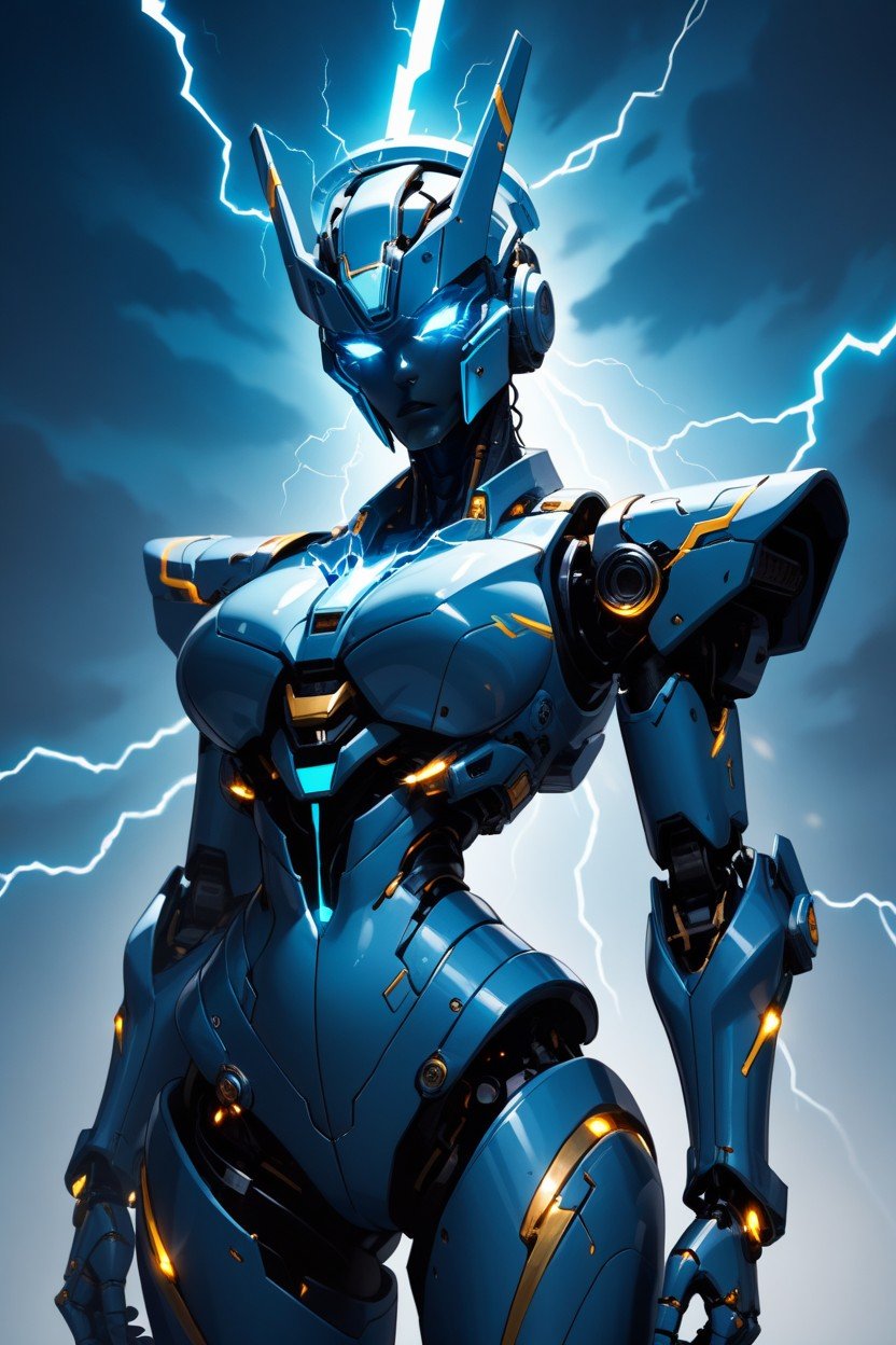 Waist Shot, Full Robot, Light Blue Lightning Effect Emanating From BodyAI 포르노