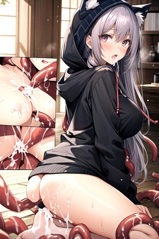 Huge Breasts, Wear Hoodie Hood, 触手ニューハーフAIポルノ