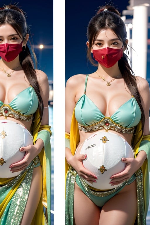 Pregnant In Red Bellydancer Outfit With Large Ponytail Wearing Red Mask On Mouth Bending Over For You, 밸리 댄서, 분할 화면퍼리 AI 포르노