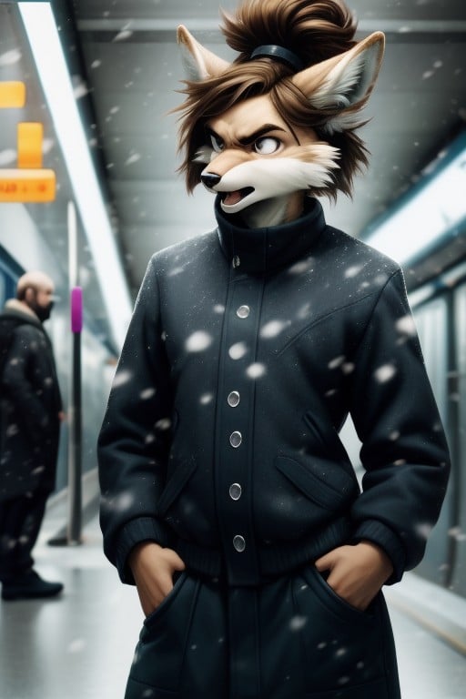 U-bahn-station, Braunes Haar, Es SchneitFurry KI Porno