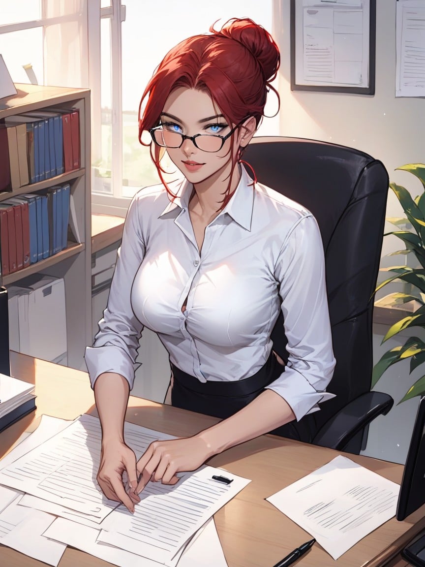 Woman, Eyeglasses Working At A Desk, Red Bun Hair Hentai IA pornografia