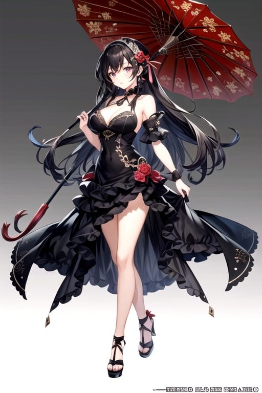 Full - Body Artwork, Anime Young Woman With Long Black Hair And Purple Dress Holding A Red And Black Umbrella, Concept Art Travesti IA Pornô