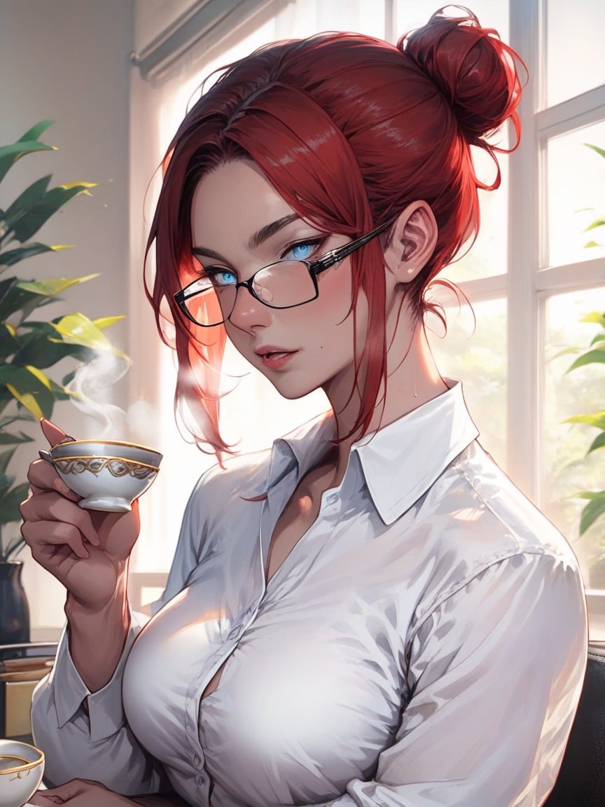 Blue Eyes Fit Body, Red Bun Hair, TeaAI黄片