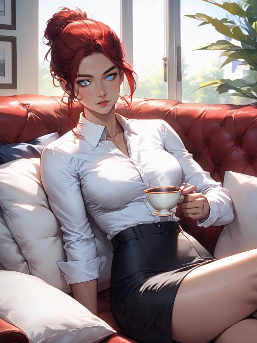 Detailed Face, Red Bun Hair, Young WomanAI黃漫