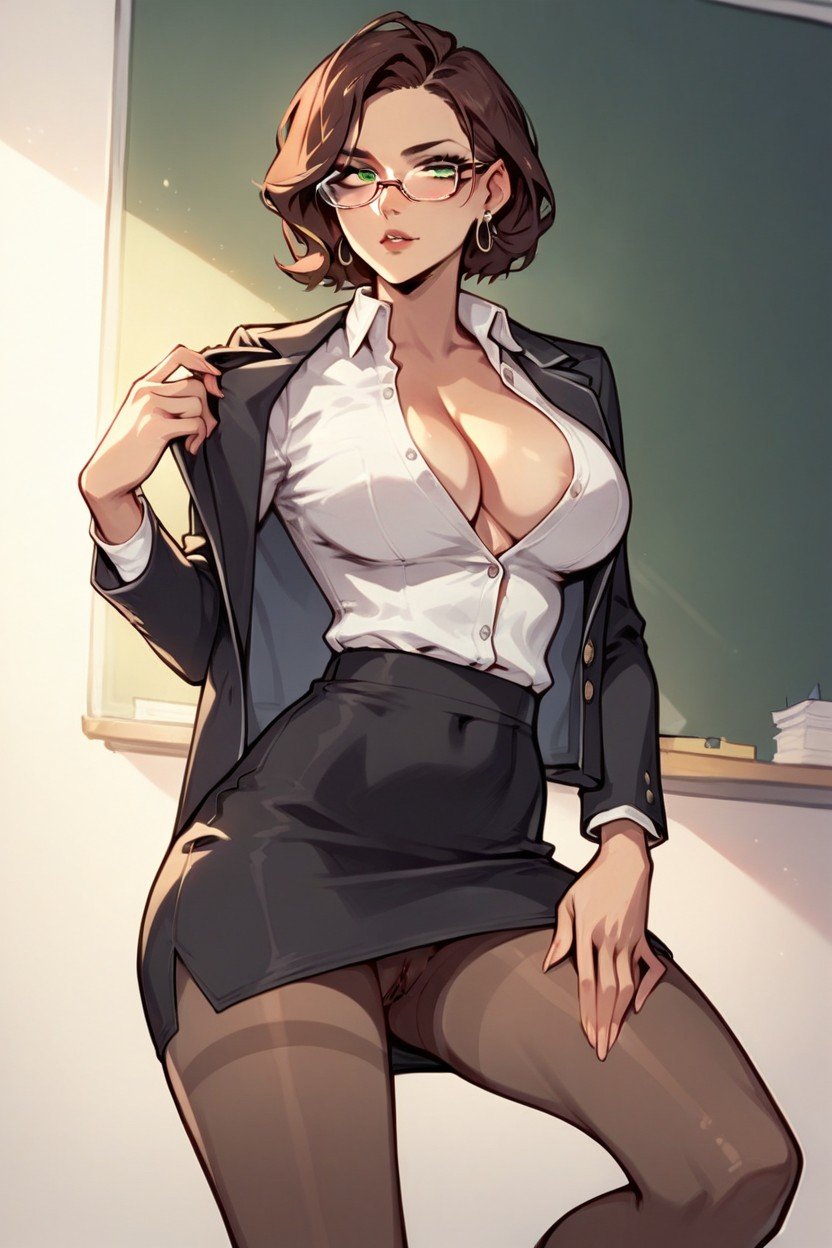 Her Dark Suit Jacket Unbuttoned, Adult Woman, Dark PantyhoseAIポルノ