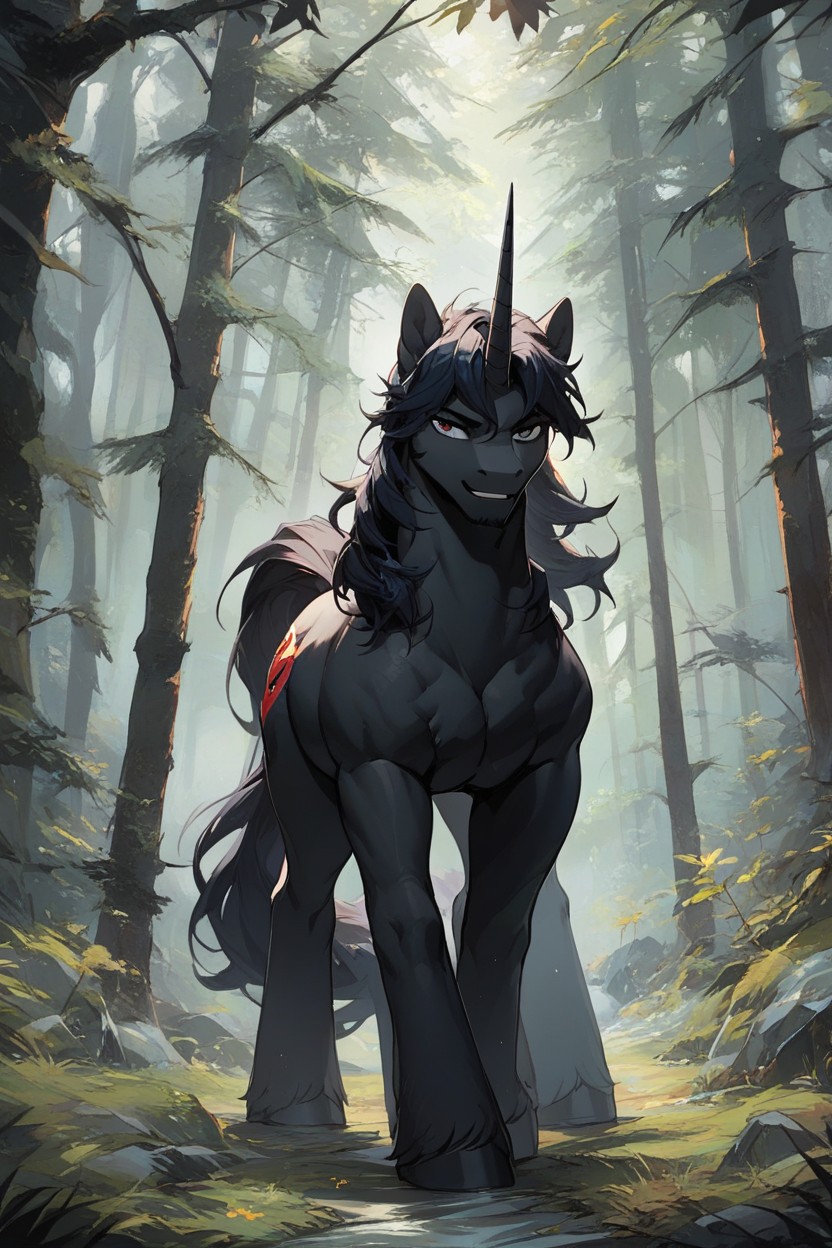 In Forest, Female Pony Black Male Unicorn With Gigantic Pony CockPorno AI Hentai