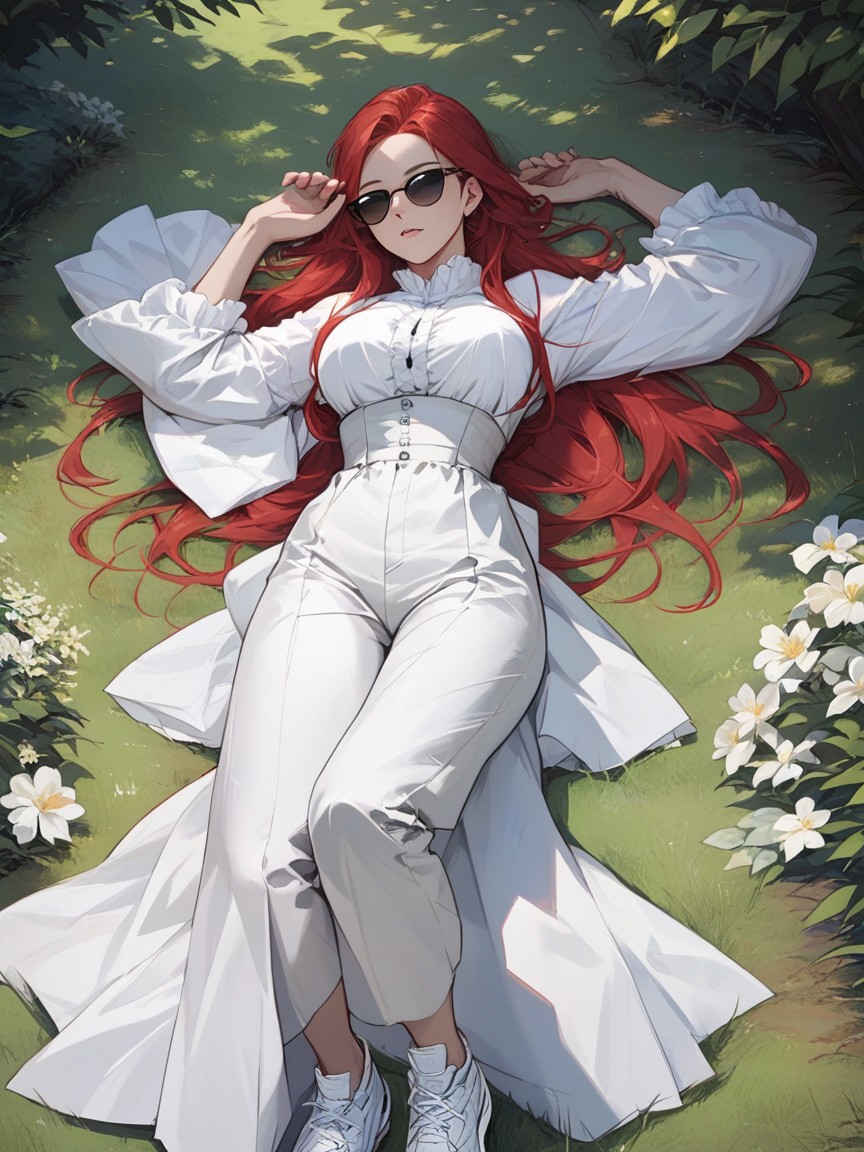 Black Sunglasses Sleeping On The Grass, Detailed Face, Detailed White Flowing Blouse Pornografia de IA