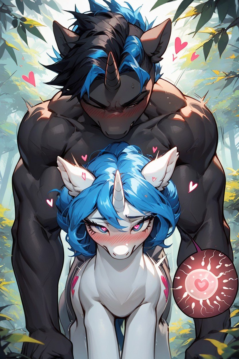 Linhas De Salto, White Female With Pony With Blue Hair Fucking Black Male Muscular Unicorn With Black Hair With Gigantic Pony Cock, In Forest Hentai IA pornografia