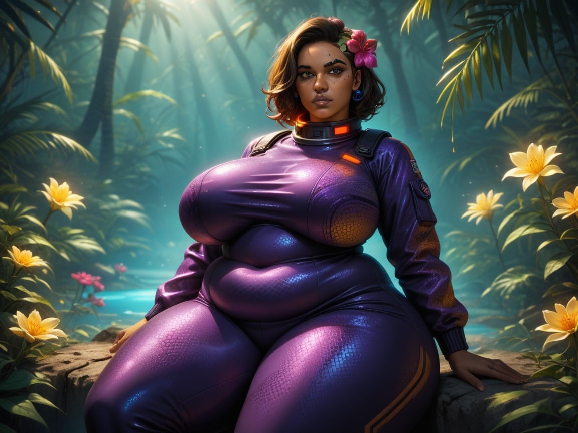 Latina Woman, Glowing Liquids, Wearing Purple Futuristic Explorer Clothes Pornografia de IA