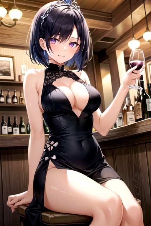 In A Fancy Bar, Black Evening Dress, Black Hair With Purple Streaks In Bob StylePorno AI