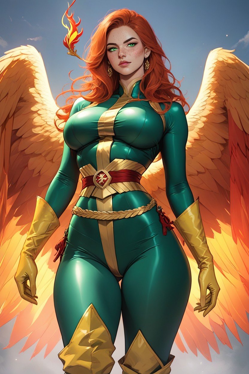 Green Eyes, Ultra Detailed, Phoenix From X Men Costume Cosplay Pornografia de IA