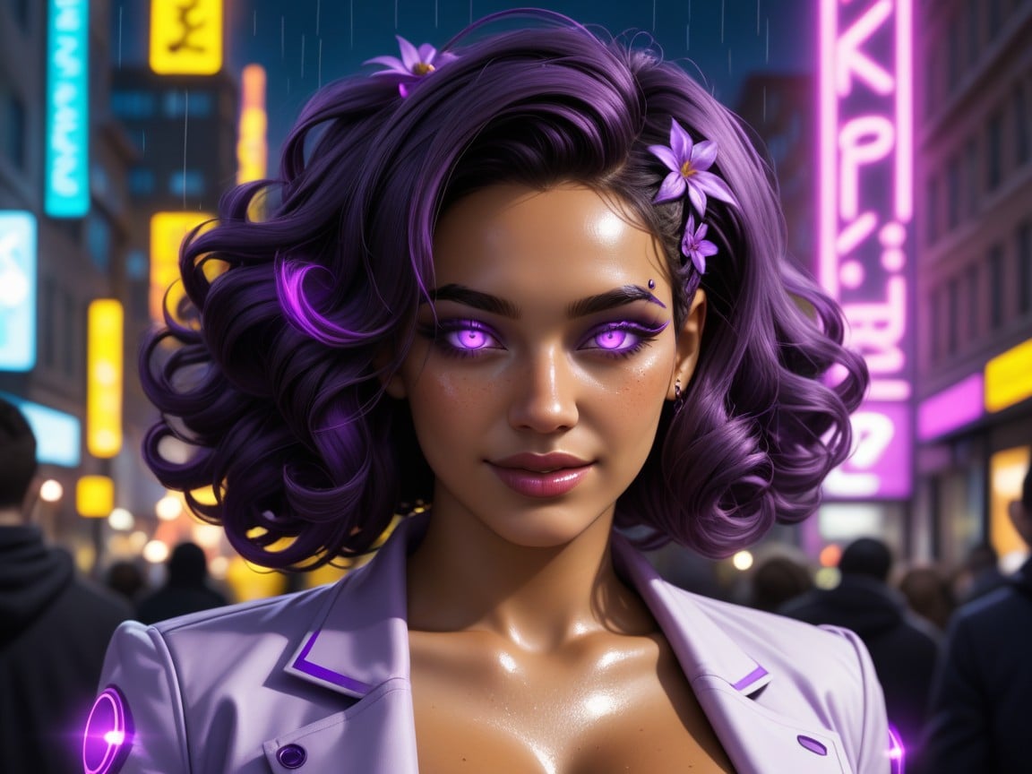 Round Face, Cyberpunk City, Wearing Purple Medical Futuristic Clothes AI Porn