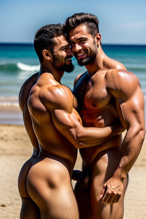 Handsome Muscular Naked Men, Sandy Beach, Shiny BodyヘンタイAIポルノ