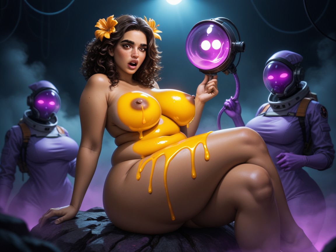 Glowing Purple Honey On Woman, Glowing Purple Alien Liquid In Background, NeónPorno AI Hentai