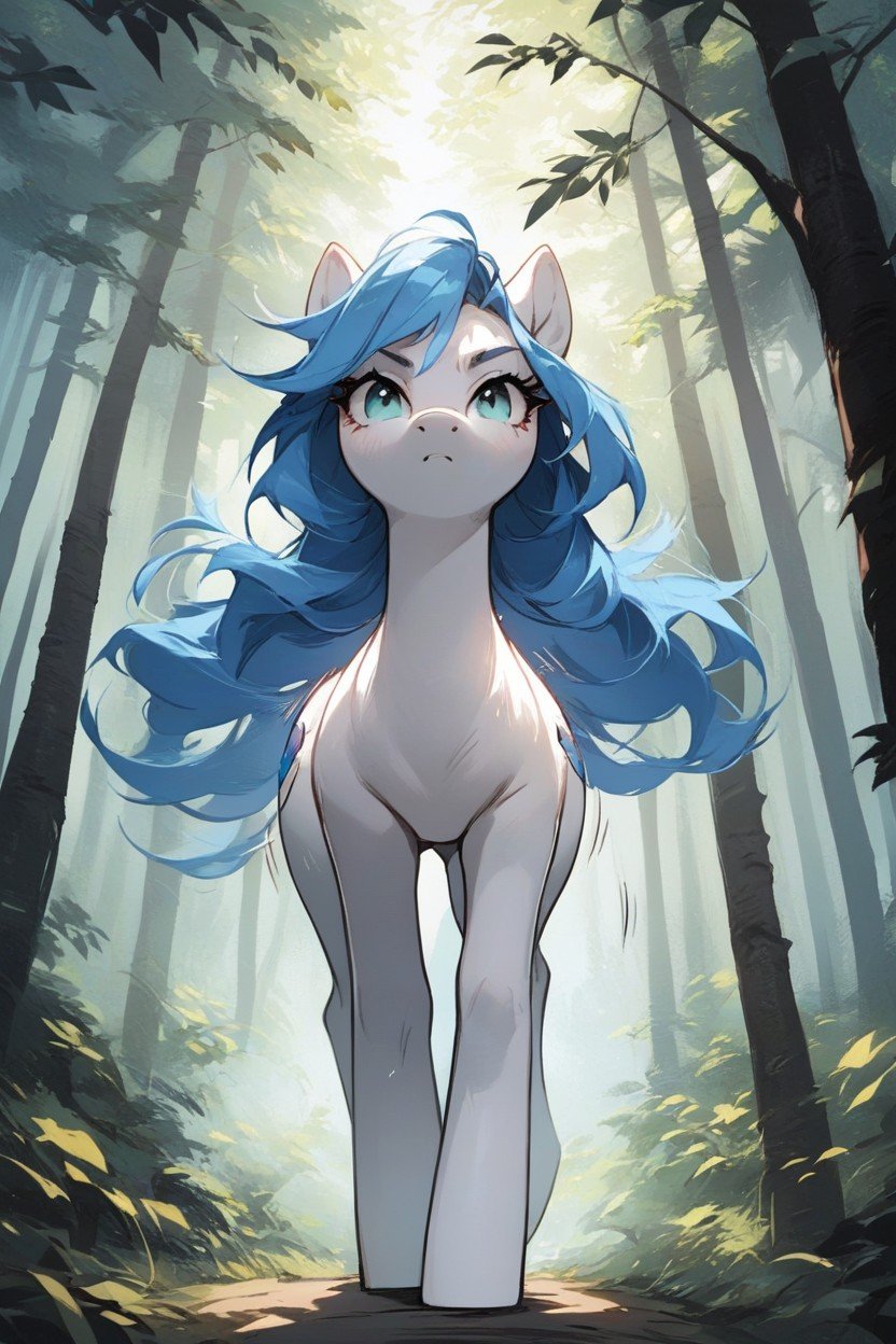 フルボディ, 正面図, White Female With Pony With Blue HairヘンタイAIポルノ