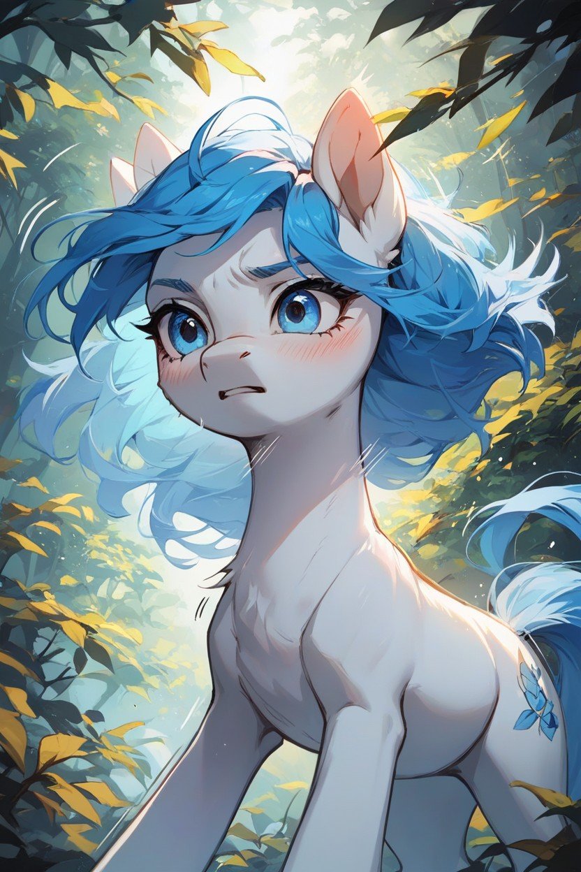 White Female With Pony With Blue Hair In Forest, Linhas De Salto, Olhos Azuis Hentai IA pornografia