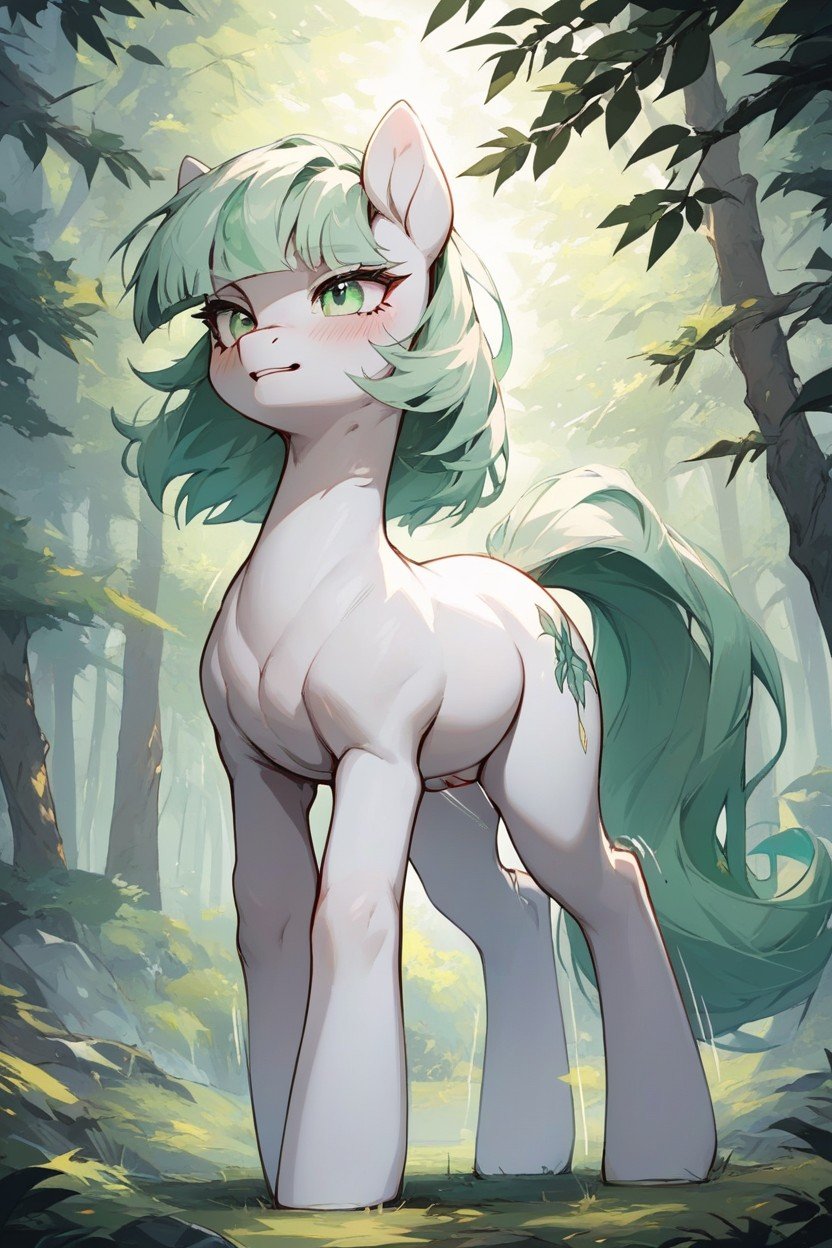 White Female With Pony With Green Hair In Forest, Huge Puffy Pony Pussy, 바운스 라인헨타이 AI 포르노