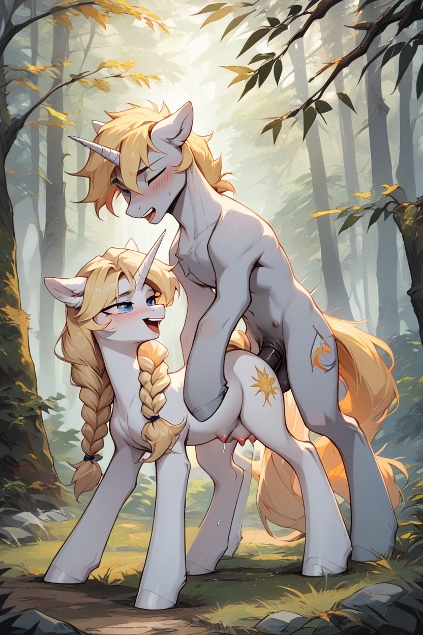 Male Mounting Female, White Female With Pony With Blonde Braided Ponytail Hair In Forest, Teats AI Porn